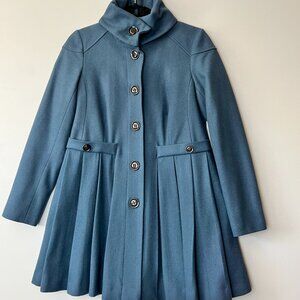 ASOS Wool Blend Coat Blue Pleated Fit Flare Button Front Size 4 New w/ Extras